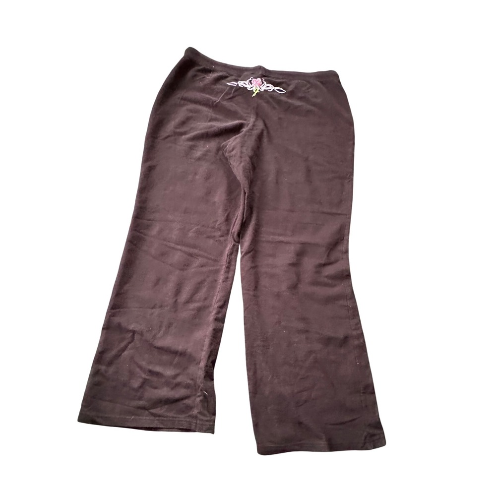 Y2K Brown Wide Leg Lounge Pants Floral Embroidery Low Rise Drawstring Sweatpants